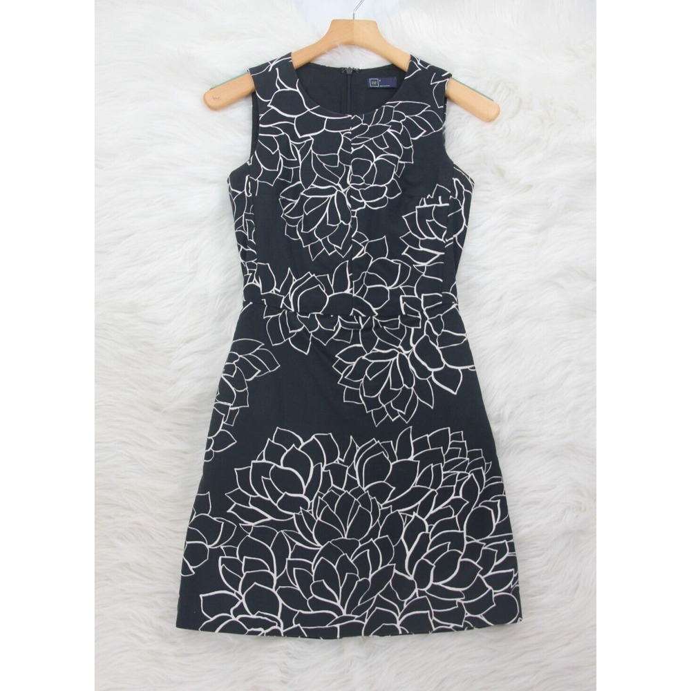 Gap Dress 0 Black White Floral Knee Length Sleeveless A Line Sheath Womens #1229
